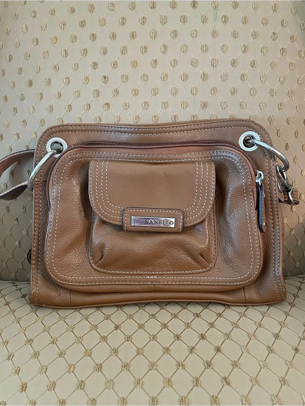 Tignanello Caramel Pebble Leather Shoulder Bag